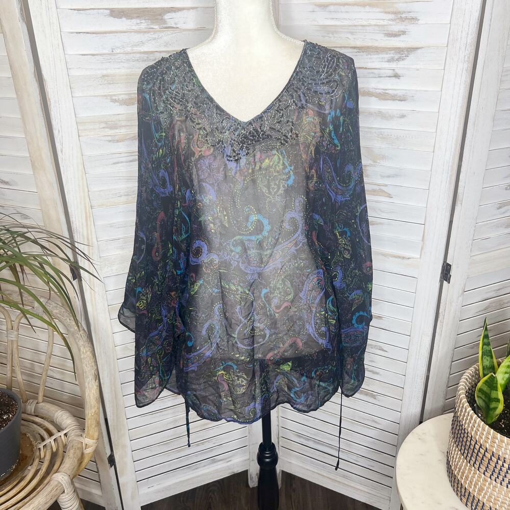CHICO'S Women's Sheer Silk Embellished Top Kimono Short Sleeve S/M Blue Beachy